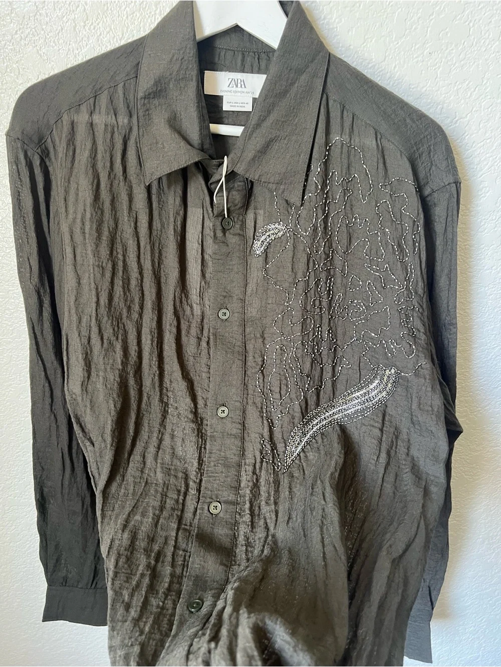 Zara Men Limited Edition Floral Beaded Embroidered Shirt NWT Gunmetal Green - Picture 10 of 11